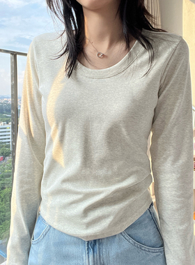 春秋冬季新款叠穿通勤长袖打底衫U领上衣修身棉质灰色正肩t恤女装