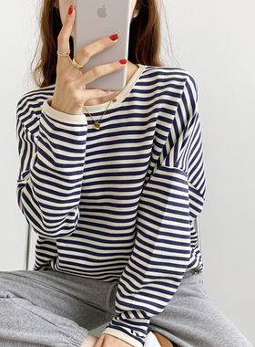 经典撞色条纹宽松卫衣女韩范秋冬季新款简约显瘦百搭长袖t恤打底