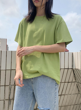 牛油果绿短袖女装韩版宽松打底衫圆领T恤2022春夏款纯色棉质上衣