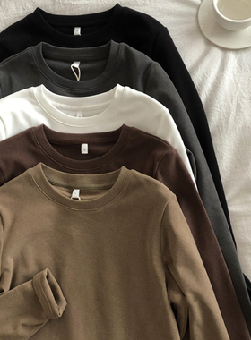 2023年春季新款加厚长袖T恤女德绒双面磨毛圆领内搭纯色打底衫冬