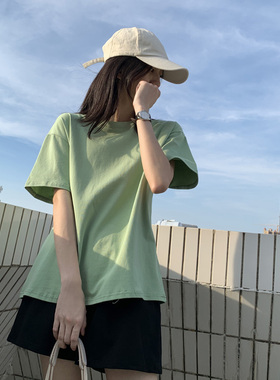 纯色T恤2022新款女夏绿色体恤上衣学生宽松棉质基础薄款短袖打底