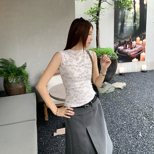 超好看修身蕾丝花色圆领无袖T恤女2026夏季新款淡人高知穿搭上衣
