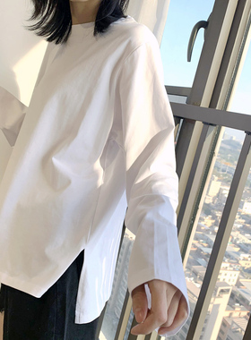 秋季新款韩版宽松套头棉质长袖T恤女开叉内搭打底衫上衣白色