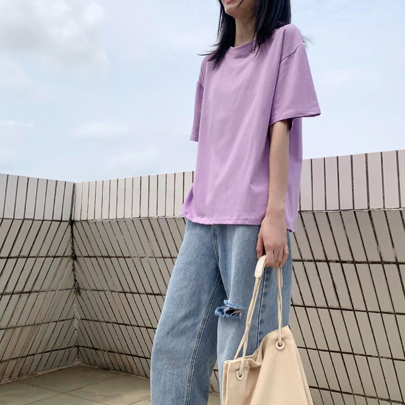 棉质紫色T恤女士短袖2022年新款夏季ins潮宽松网红上衣服体桖半袖