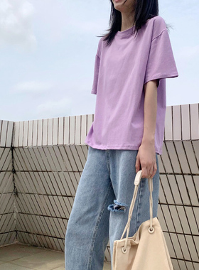 棉质紫色T恤女士短袖2022年新款夏季ins潮宽松网红上衣服体桖半袖