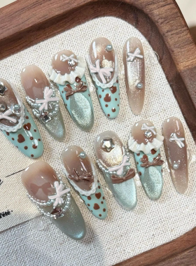 M287薄荷巧绿新春法式波点裙边穿戴甲新款显白高级学生裙摆美甲