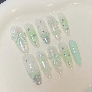 M272冰晴薄荷半手工蝴蝶结秋冬星星显白穿戴甲高级氛围百搭美甲