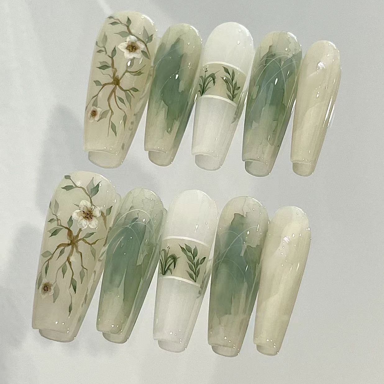 水墨山茶半手工国风穿戴甲