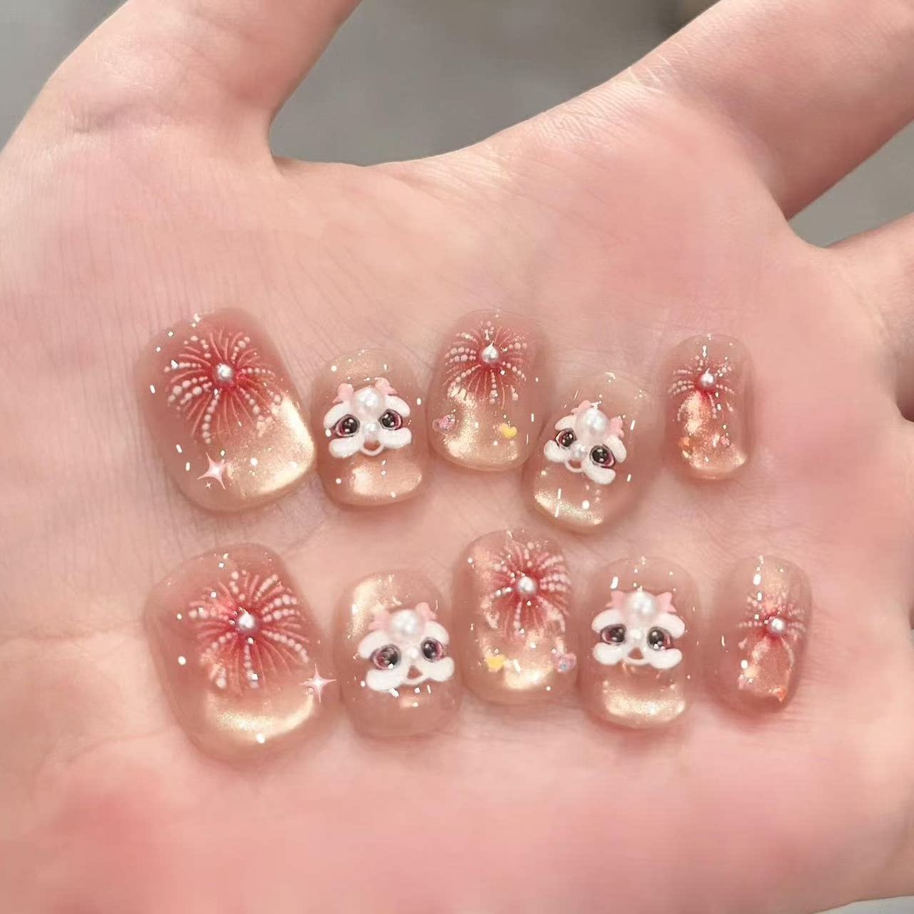 M413东方醒狮半手工穿戴甲猫眼2026新年款高级烟花美甲贴片可拆,彩妆/香水/美妆工具,穿戴甲/甲片,淘宝优惠券,粉丝福利购,淘宝优惠卷