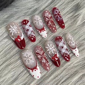 M358红白雪花半手工穿戴甲高级格纹蝴蝶结美甲贴片显白可2026拆