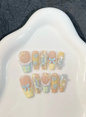 M233海盐芝士蓝色法式波点蝴蝶结穿戴甲新款显白高级学生裙摆美甲