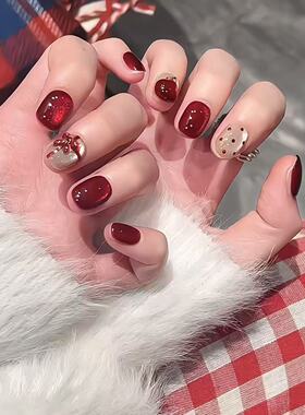 M071苹安夜圣诞立体半手工苹果红色高级穿戴显白秋冬猫眼短款