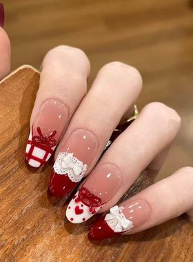 M265圣诞甜心红色蝴蝶结法式腮红格纹穿戴蕾丝ins新年显白美甲