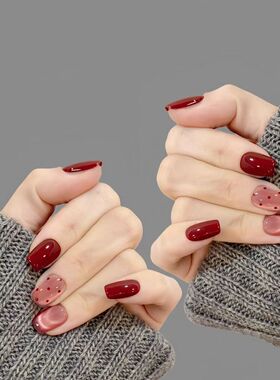 M007半手工穿戴甲显白车厘子红裸猫眼美甲高级贴气质新款ins短款