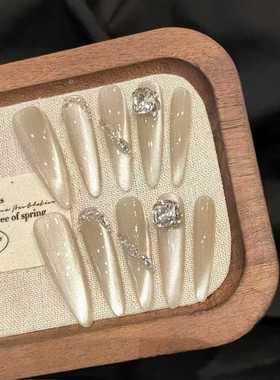 M223白蓉月色高级渐变显白手工穿戴甲气质猫眼美甲贴片可拆