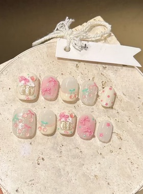 M210薄荷樱桃超嫩少女心短款穿戴甲新款甜美小众百搭可拆美甲贴片