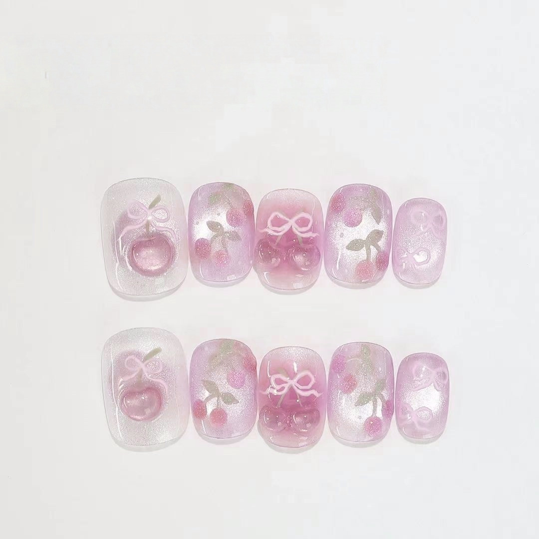 M378-1淡紫樱桃可爱穿戴甲高级甜妹小樱桃蝴蝶结美甲贴片可拆卸,彩妆/香水/美妆工具,穿戴甲/甲片,淘宝优惠券,粉丝福利购,淘宝优惠卷