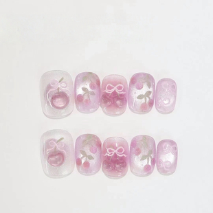 M378甜粉樱桃可爱穿戴甲高级甜妹小樱桃蝴蝶结美甲贴片可拆卸
