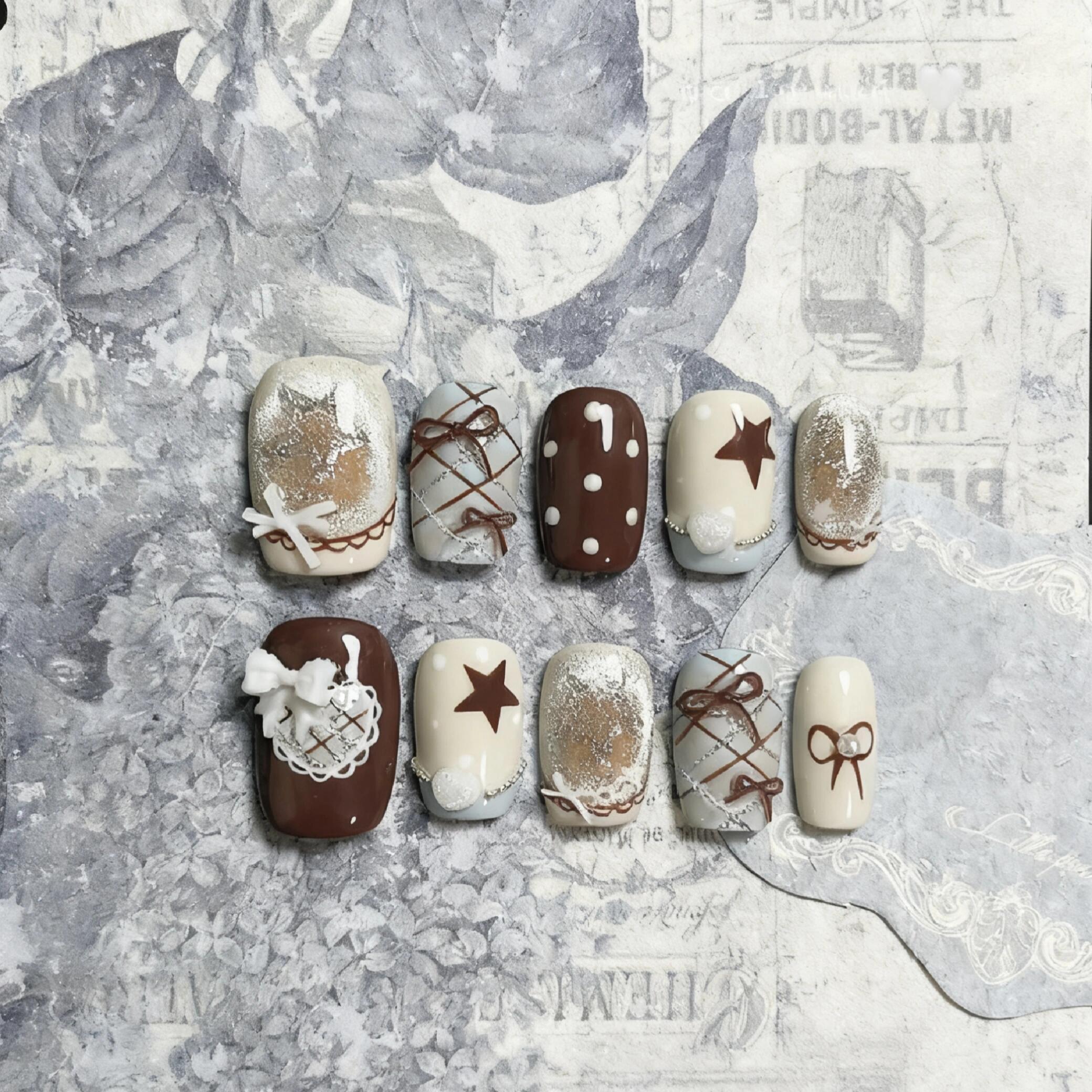 复古薄巧细闪星星法式穿戴甲