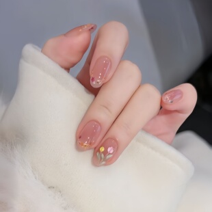 K019春日花期如归温柔郁金香款 美甲 手工穿戴甲显白氛围感短款