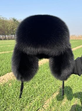 整张狐狸皮全毛帽子男女款黑色东北冬季护耳保皮草暖帽真皮毛一体