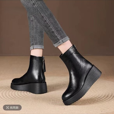 手工真皮~6cm高跟复古厚底马丁靴子2025秋冬新款加绒坡跟高跟短靴