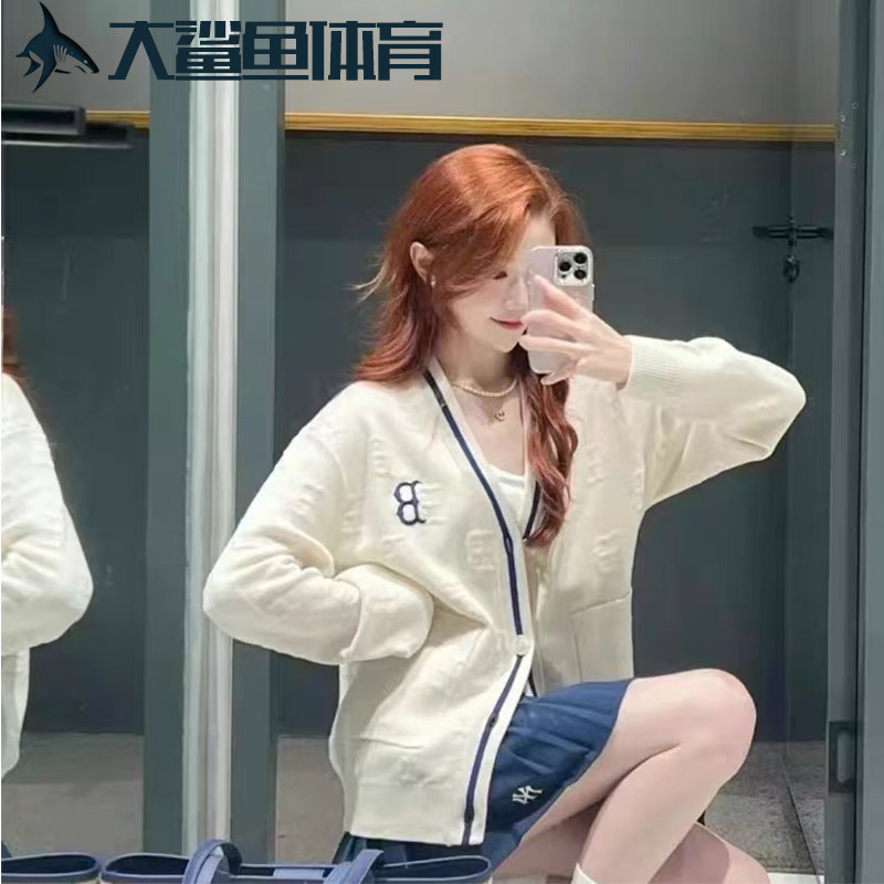 【三折专区】韩版潮牌NY开衫女满印老花v领针织毛衣衫宽松男外套