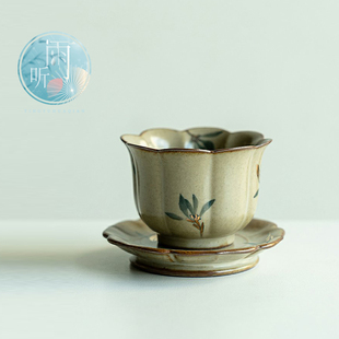 仿古描金陶瓷茶杯复古纯手绘蝴蝶兰花高足杯功夫单杯个人专用