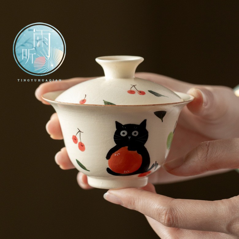 粉引侘寂风手绘橘猫盖碗可爱女士专用泡茶碗杯不烫手功夫茶具