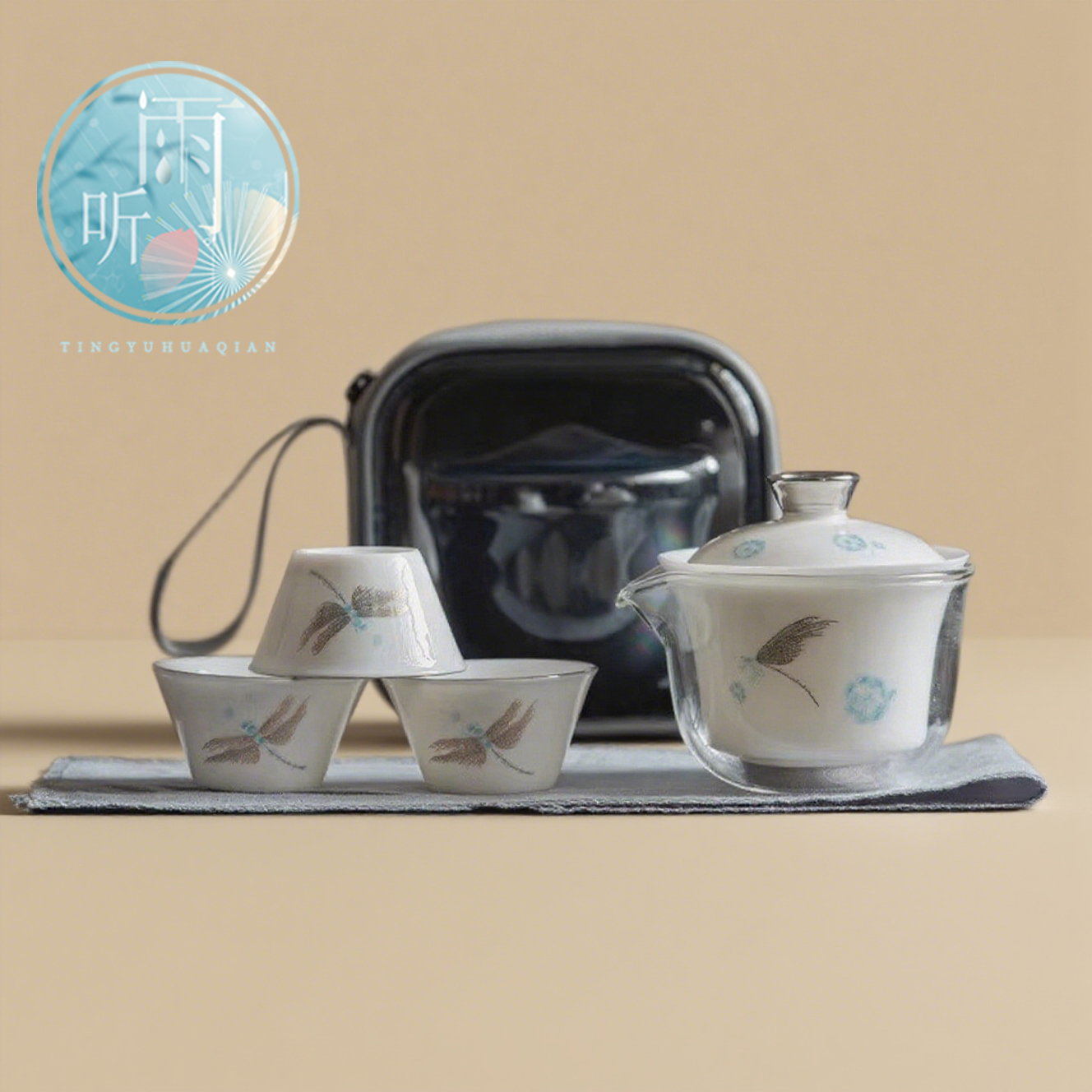 玉泥旅行茶具套装蓝蜻蜓便携式快客杯一壶三杯户外功夫茶具