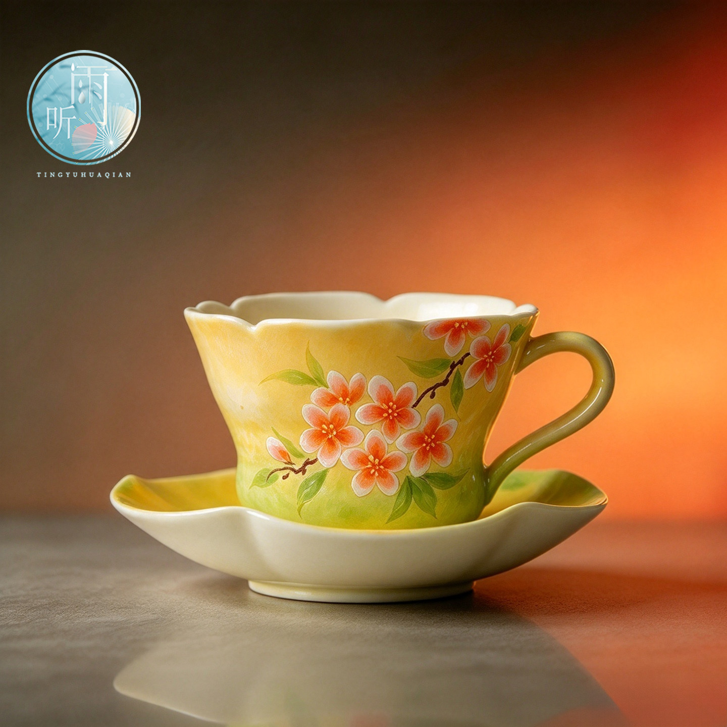 手绘品茗杯釉下彩桃花茶咖杯带碟家用高档主人杯功夫茶具陶瓷茶杯