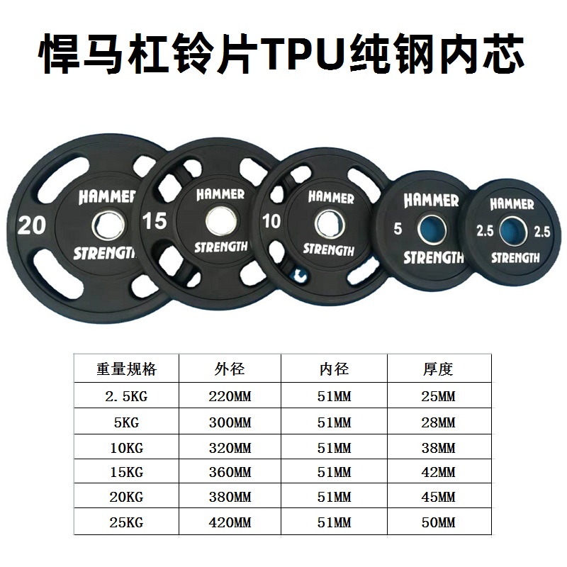 强悍杠铃片TPU纯钢内芯四孔手抓片实心铸铁奥杆大孔包胶健身举重