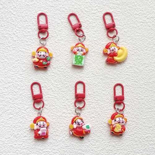 新年春节财神钥匙扣元宝发财红色