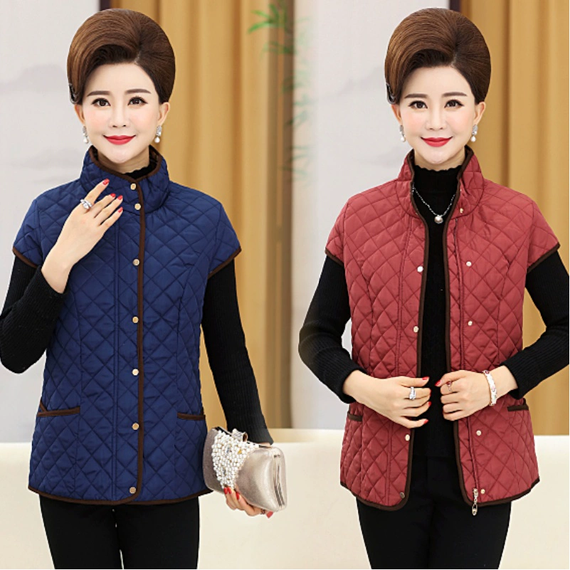 Phụ nữ trung niên đơn giản mẹ mặc thu đông áo vest cotton lụa nửa tay áo khoác vest kẻ sọc ghi lê áo vest - Áo vest