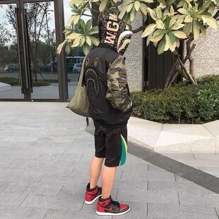蒙口石头岛余文乐外套日系潮牌棒球夹克嘻哈迷彩鲨鱼刺绣飞行棉服