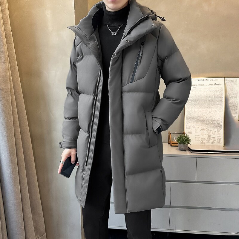 男女同款日系经典纯色简约连帽棉衣中长款2025冬季保暖厚款棉服