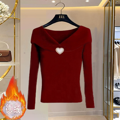 韩系chic酒红色加绒加厚2024秋冬新款洋气高端别致百搭打底上衣女