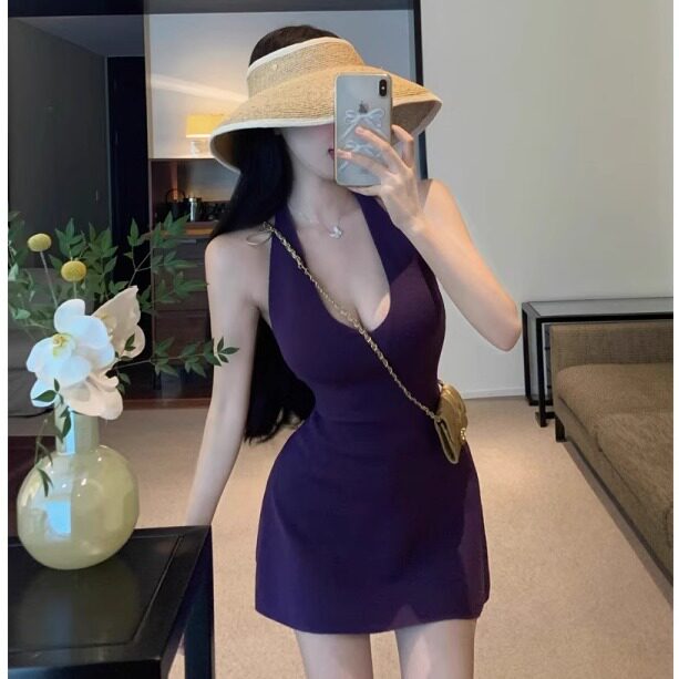 纯欲超短裙性感露背挂脖吊带连衣毛针织衫