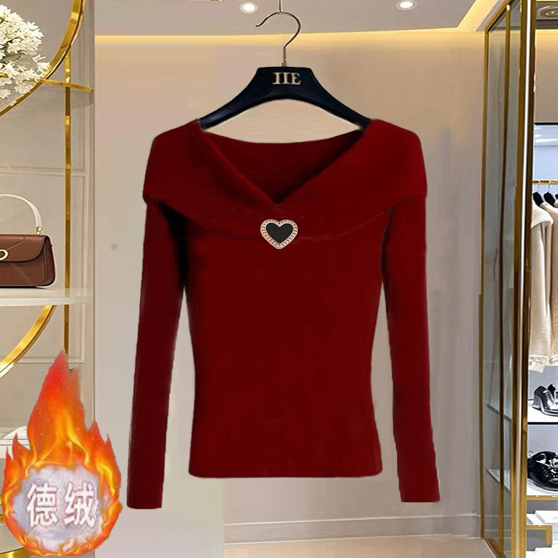 韩系chic酒红色德绒保暖2025春秋新款洋气高端别致百搭打底上衣女