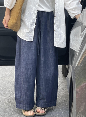 棉麻牛仔阔腿裤女大码夏季薄款胖妹妹高腰宽松显瘦直筒九分休闲裤