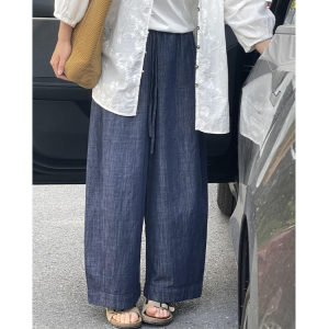 棉麻牛仔阔腿裤女大码夏季薄款胖妹妹高腰宽松显瘦直筒九分休闲裤