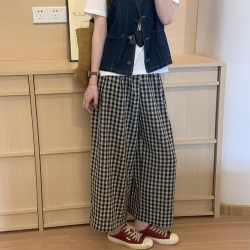 休闲格子阔腿裤女大码夏季