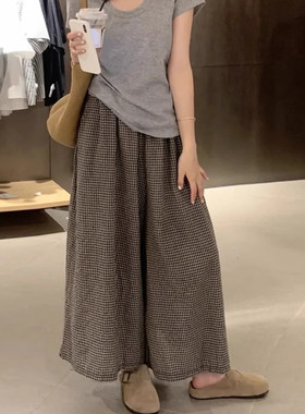 格子九分阔腿裤女大码