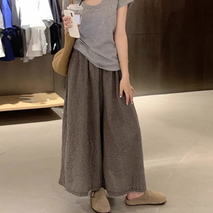 格子九分阔腿裤女大码夏季薄款胖妹妹mm宽松显瘦防晒直筒休闲裤裙