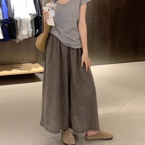 格子九分阔腿裤女大码