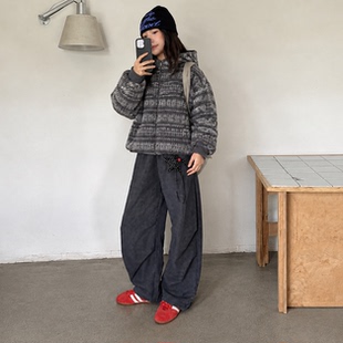 女童棉袄2026冬季连帽拉链棉服灰色提花儿童宽松中长款保暖外套