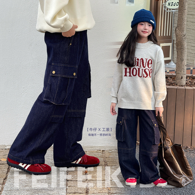 女童加绒裤子2025新款冬季工装风牛仔裤中大童超好看的加绒裤子