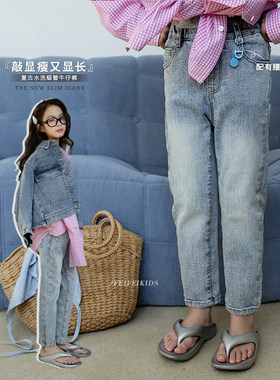 女童牛仔裤修身春季新款儿童活力浅色水洗软牛仔百搭休闲裤子