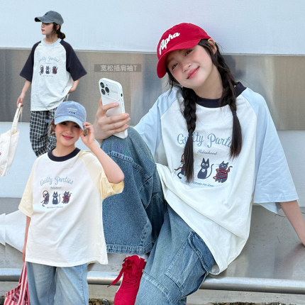 女童猫咪印花插肩短袖2026年夏新款青少年宽松休闲T洋气百搭上衣