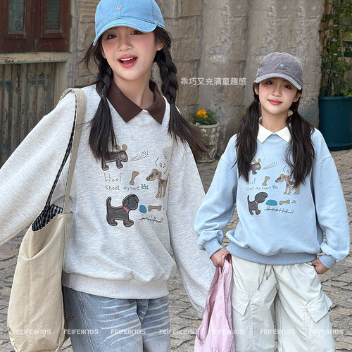 女童卫衣2026春新款翻领假两件青少年韩版宽松洋气卡通儿童上衣